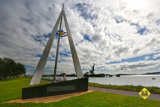 The unique sculpture at Spinnaker Park overlooking the harbour