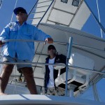 Retired Cairns game boat skipper, Laurie Woodbridge and Ross Finlayson on the lookout for marlin.