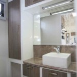Thetford cassette toilet, full size shower and A square ceramic basin adds a touch of class and there are sliding mirrors and good LED lighting for grooming.